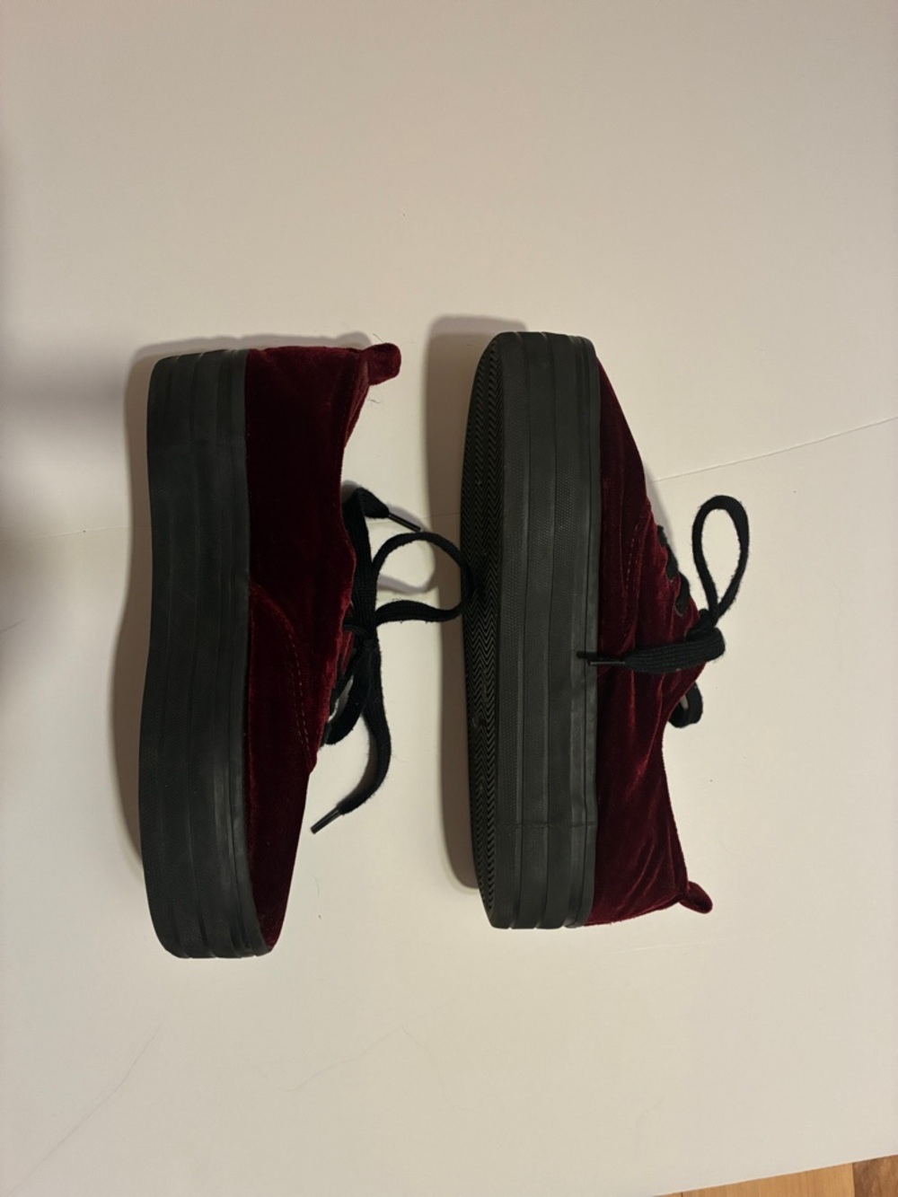 Divided Velvet Platform Sneakers in Deep Burgundy and Black